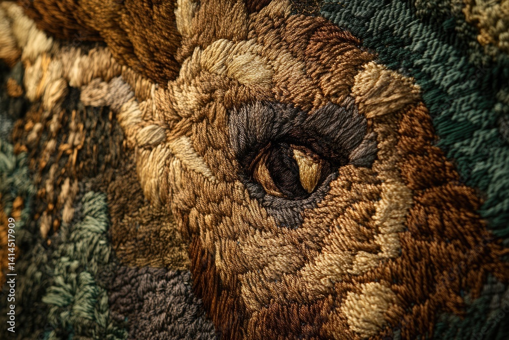 Obraz premium Close-up of intricate embroidery showcasing a textured animal eye, rich in earthy tones and detailed stitching.