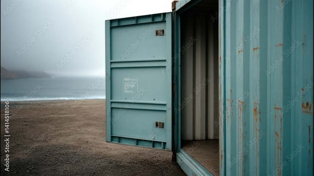 An open shipping container at a rugged coastal cliff hints at a story of journeys past, set against a moody, overcast sea backdrop.