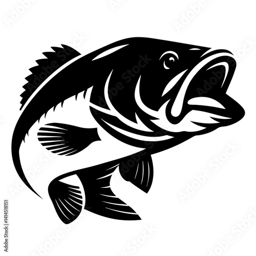 Monochromatic jumping largemouth bass with mouth open vector illustration drawing