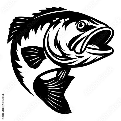 Black and White Graphic Illustration of a Largemouth Bass Leaping Upward