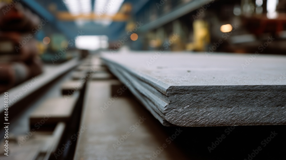 The rugged industrial landscape with stacked steel sheets highlights the strength and raw beauty of metalwork in progress.