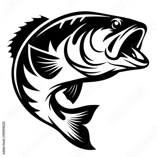 Black and White Jumping Bass Vector Illustration for Fishing Logo Design
