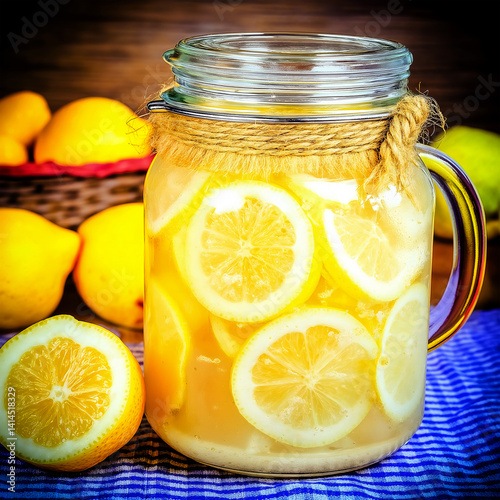 Fresh lemonade in a clear glass jar with lemon slices floating. The jar is decorated with twine and stands on a blue gingham tablecloth. Lemons also lie nearby and in a wicker basket in the background