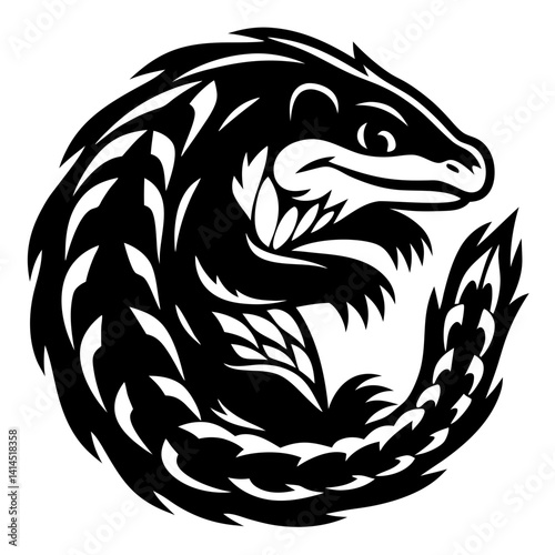 Circular pangolin logo or emblem design, in black and white style