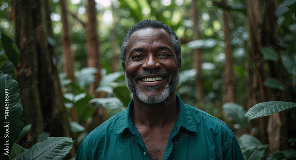 middle age black African man in jungle with dense trees and leaves foliage portrait smiling happy landscape background ad concept with copy space middle age black African man in jungle with dense trees and leaves foliage portrait smiling happy landscape background ad concept with copy space