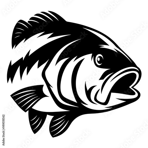 Striking black and white illustration of a fish with stylized details and fins