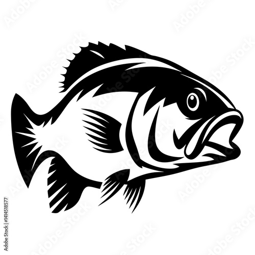 Black and white graphic illustration of a Largemouth Bass fish