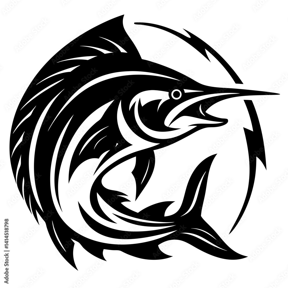 Stylized Black and White Marlin Fish Illustration on White Background Design Stylized Black and White Marlin Fish Illustration on White Background Design