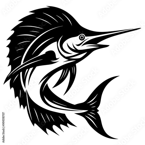 Striking black and white graphic illustration of a powerful marlin