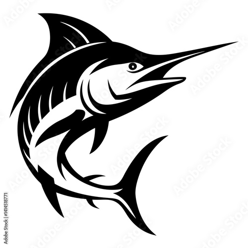 Dynamic black and white illustration of a marlin leaping upwards energetically