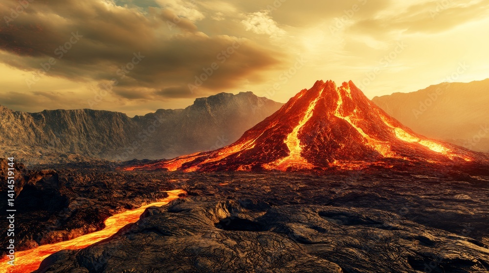 Naklejka premium A volcano with lava flowing down its side