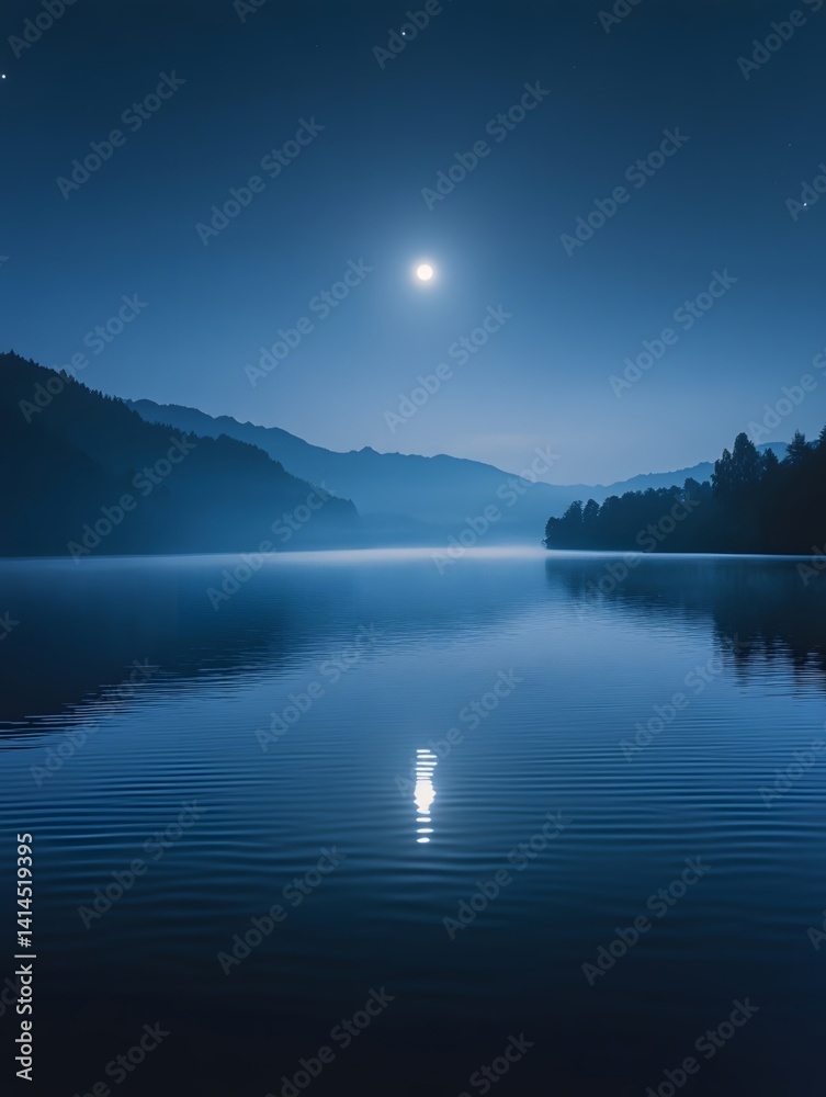 Fototapeta premium The silver white lake surface under the moonlight