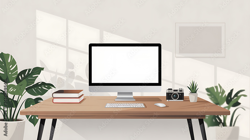 Minimalist Workspace with Blank Monitor - Office Setup Minimalist Workspace with Blank Monitor - Office Setup
