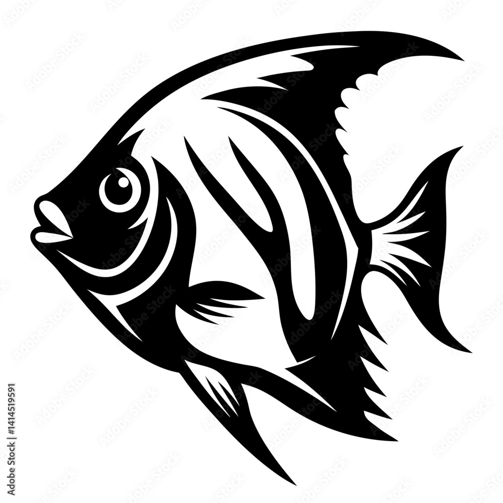 Black and white illustration of a stylized angelfish on a white background Black and white illustration of a stylized angelfish on a white background