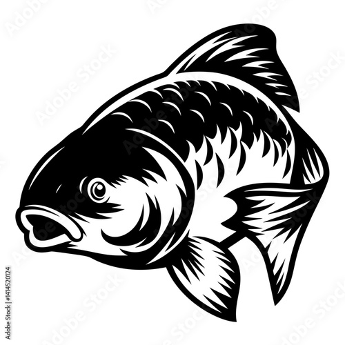 Black and white graphical illustration of a carp fish side view