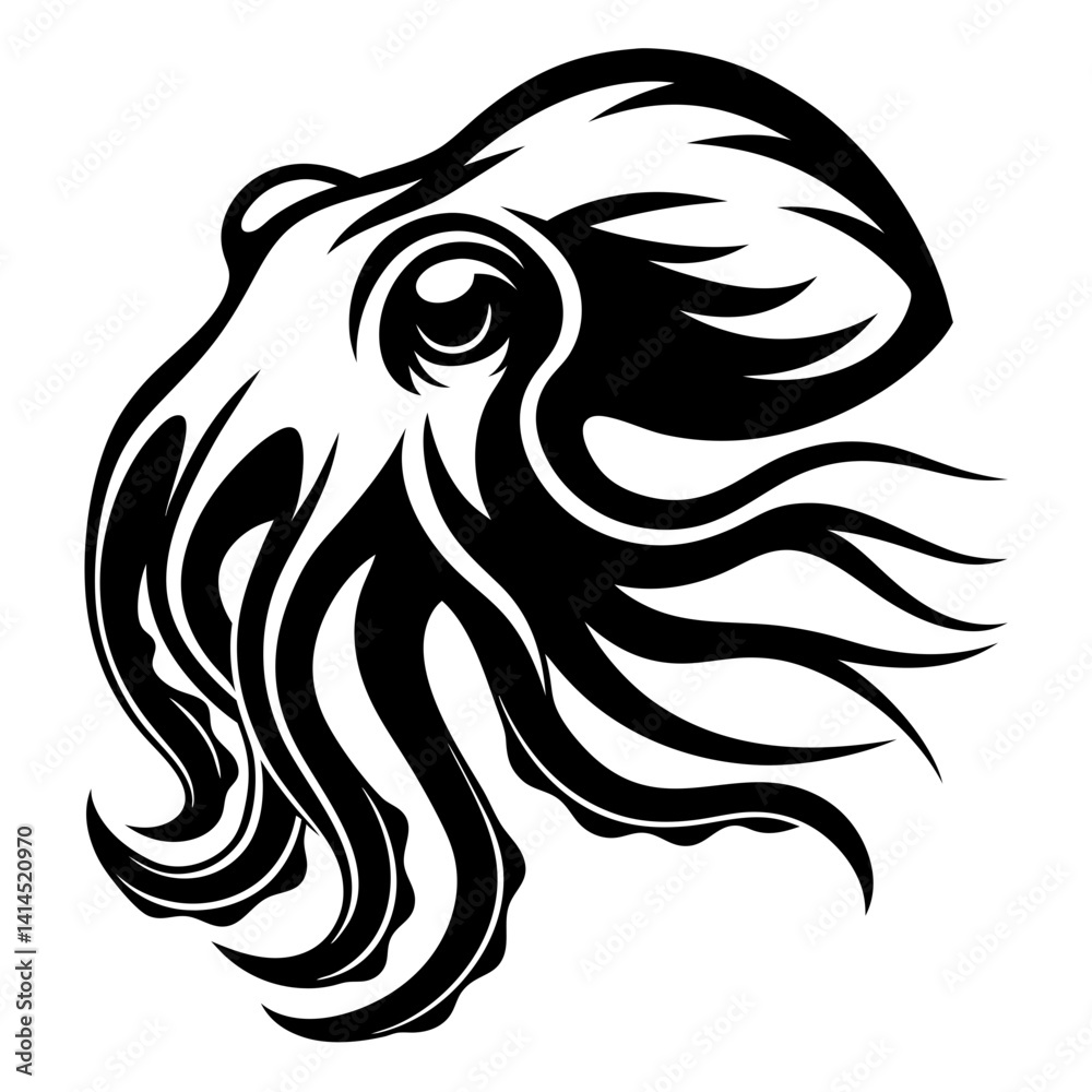 Fototapeta premium Stylized Monochrome Illustration of an Octopus Depicting Depth and Tentacle Movement