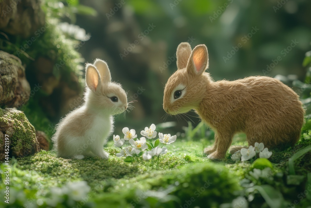 Fototapeta premium Two adorable baby rabbits in a lush forest setting.