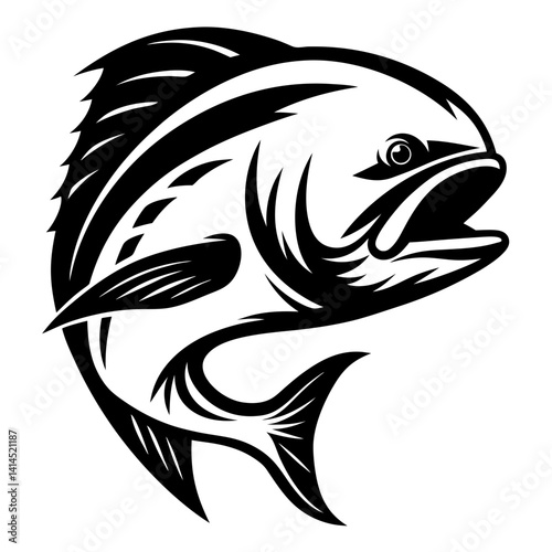 Dramatic Black and White Illustration of a Jumping Trevally Fish