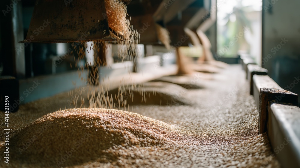 A steady stream of grains cascades into mounds in a factory setting, creating an intricate pattern of flowing textures and industrial productivity.