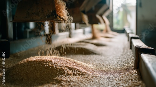 Obraz na płótnie A steady stream of grains cascades into mounds in a factory setting, creating an intricate pattern of flowing textures and industrial productivity. w salonie