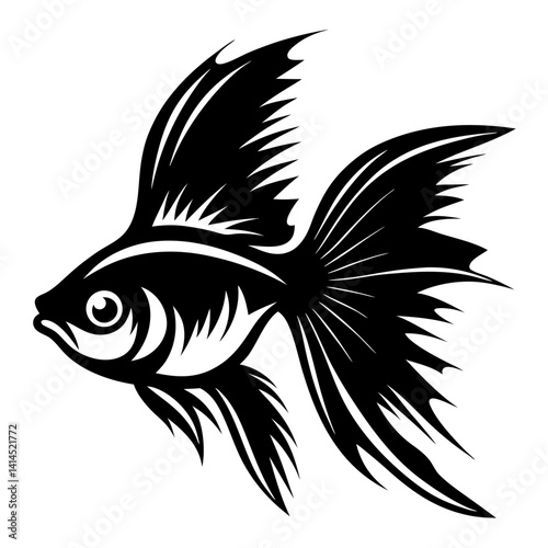 Elegant black and white vector illustration of a fantail goldfish swimming