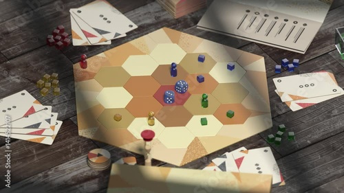 Board game field with chips, dice and cards, looped rotation, 3d rendering. Rotating gameplay table with graphic token for win war, wood desk background, 4k. Imagination playing for family template.