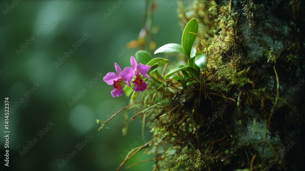 Vivid purple orchids cling to a tree trunk surrounded by rich green moss in a lush forest.