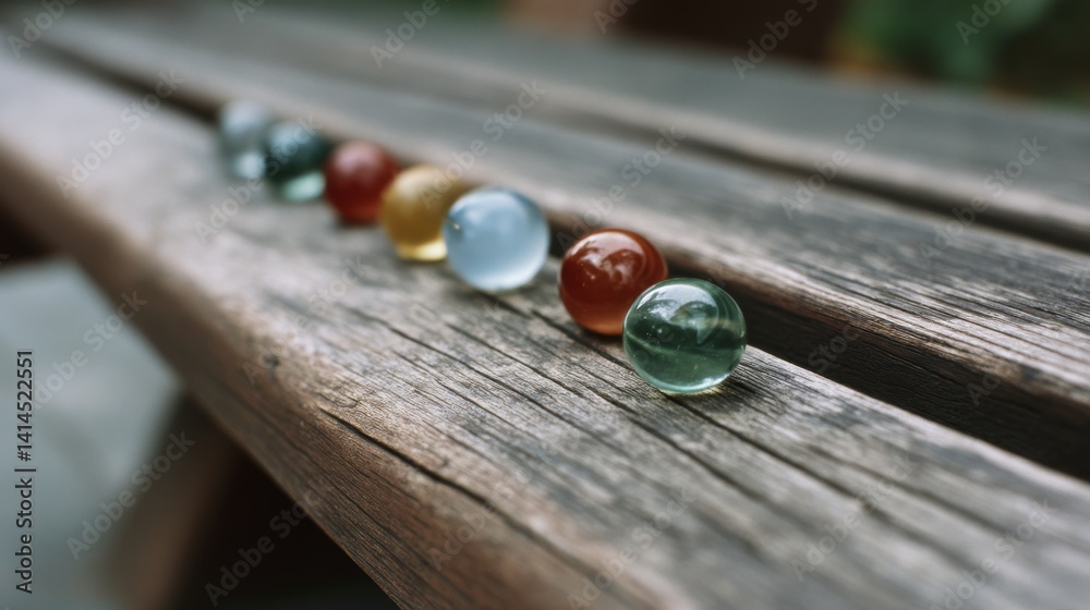 Colorful glass marbles rest gracefully on rustic wood, evoking childhood nostalgia and simple pleasures.