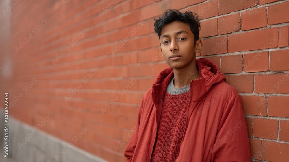 Young person in a red jacket leans against a red brick wall, exuding a relaxed confidence and contemporary style.
