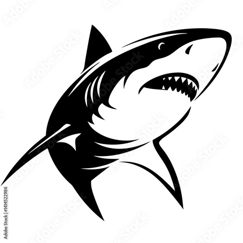 Monochrome great white shark with open mouth and sharp teeth design