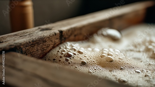 Obraz na płótnie Bubbles dance on the surface of a rustic wooden basin, creating a lively blend of texture and light. w salonie