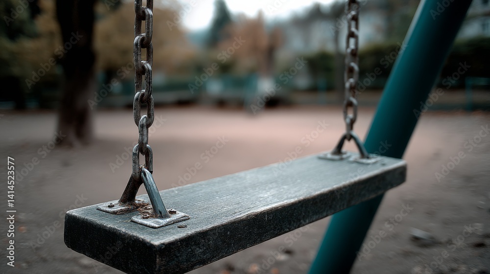 An empty swing hangs in a deserted playground, its chains gleaming against the backdrop of a fall day, evoking nostalgia and solitude.