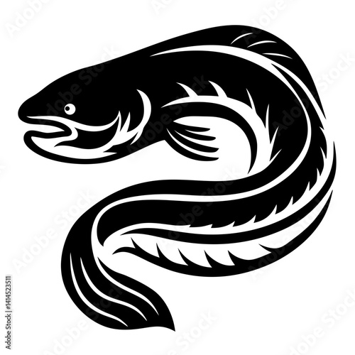 Stylized black and white graphic illustration of an eel in motion