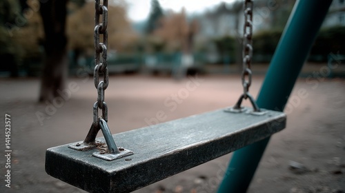Obraz na płótnie An empty swing hangs in a deserted playground, its chains gleaming against the backdrop of a fall day, evoking nostalgia and solitude. w salonie