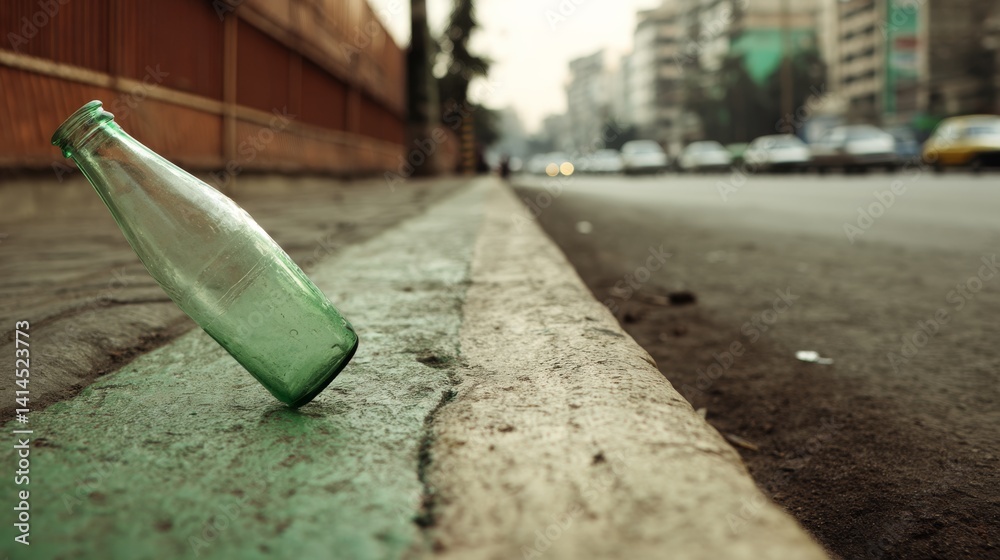 A green glass bottle tilts on the edge of a city street, a symbol of urban stillness and forgotten stories amid the city bustle.