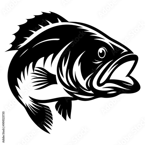 Bold black and white bass fish illustration with open mouth design