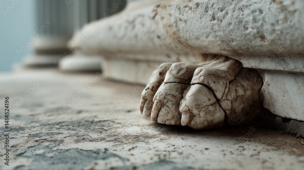 An ancient stone lion paw, beautifully carved, supports a weathered structure, exuding a feel of strength and history.