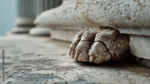 Obraz na płótnie An ancient stone lion paw, beautifully carved, supports a weathered structure, exuding a feel of strength and history. w salonie