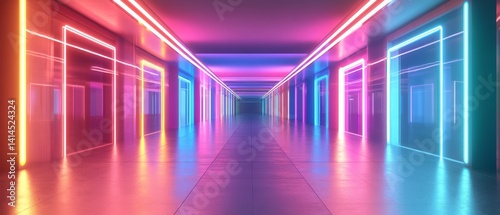 Neon Corridor  An inviting perspective of a modern  illuminated corridor bathed in the captivating glow of vibrant neon lights  designed to stimulate the senses.