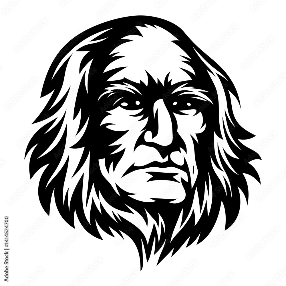 Black and white vector illustration of a historical figure's head portrait Black and white vector illustration of a historical figure's head portrait