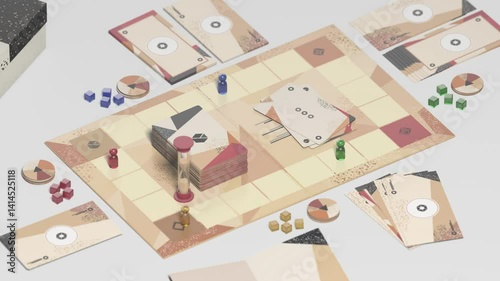 Board game field with chips, dice and cards, looped rotation, 3d rendering. Gameplay field multiplayer for battle quiz, 4k. Team strategy or imagination challenge table with token template.