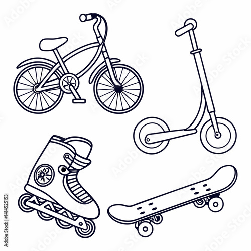 Line art transport icons: bicycle, scooter, skateboard, and rollerblades
