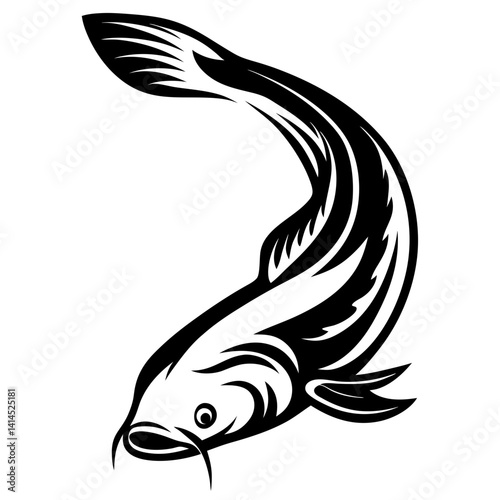 Monochrome catfish swimming with curved body stylized for logo or tattoo