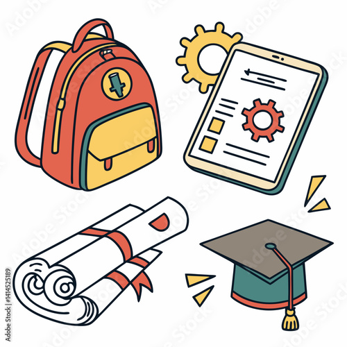 Flat and colorful UI icons pack: school bag, diploma file, learning app, graduation gear