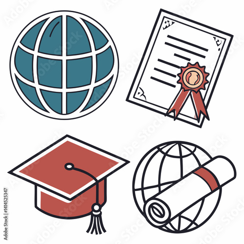 Vector icon set of international education symbols: globe, certificate, cultural cap