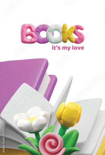 3D vector poster with books, plasticine flowers and the inscription "I love a book".