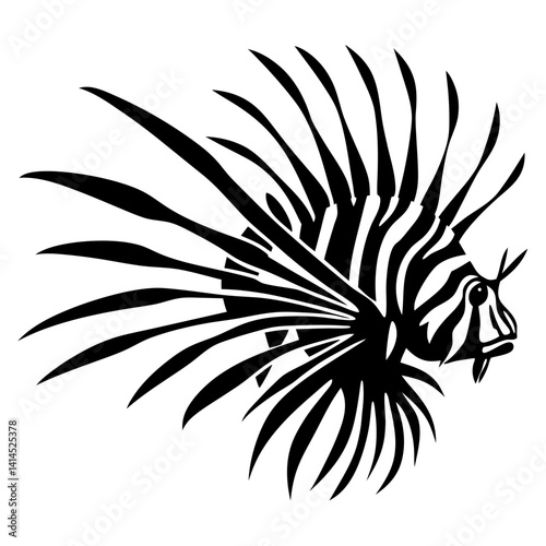 Striking black and white stylized illustration of a venomous lionfish underwater
