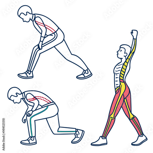 Colorful outline icons for physical therapy and body movement: joints, posture, stretch