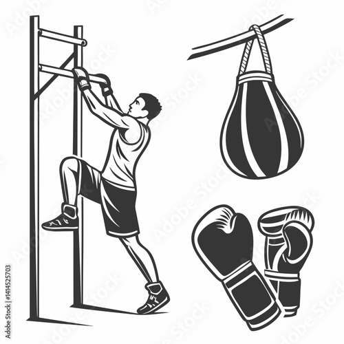 Monochrome gym icon set with muscle flex, pull-up bar, and boxing gloves