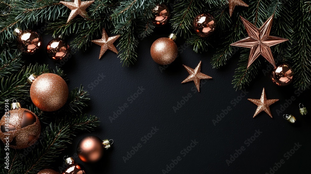 Festive Christmas Frame with Fir Tree Branches, Golden Stars and Ornaments on a Blue Background - Flat Lay Mockup for Holiday Greetings Festive Christmas Frame with Fir Tree Branches, Golden Stars and Ornaments on a Blue Background - Flat Lay Mockup for Holiday Greetings